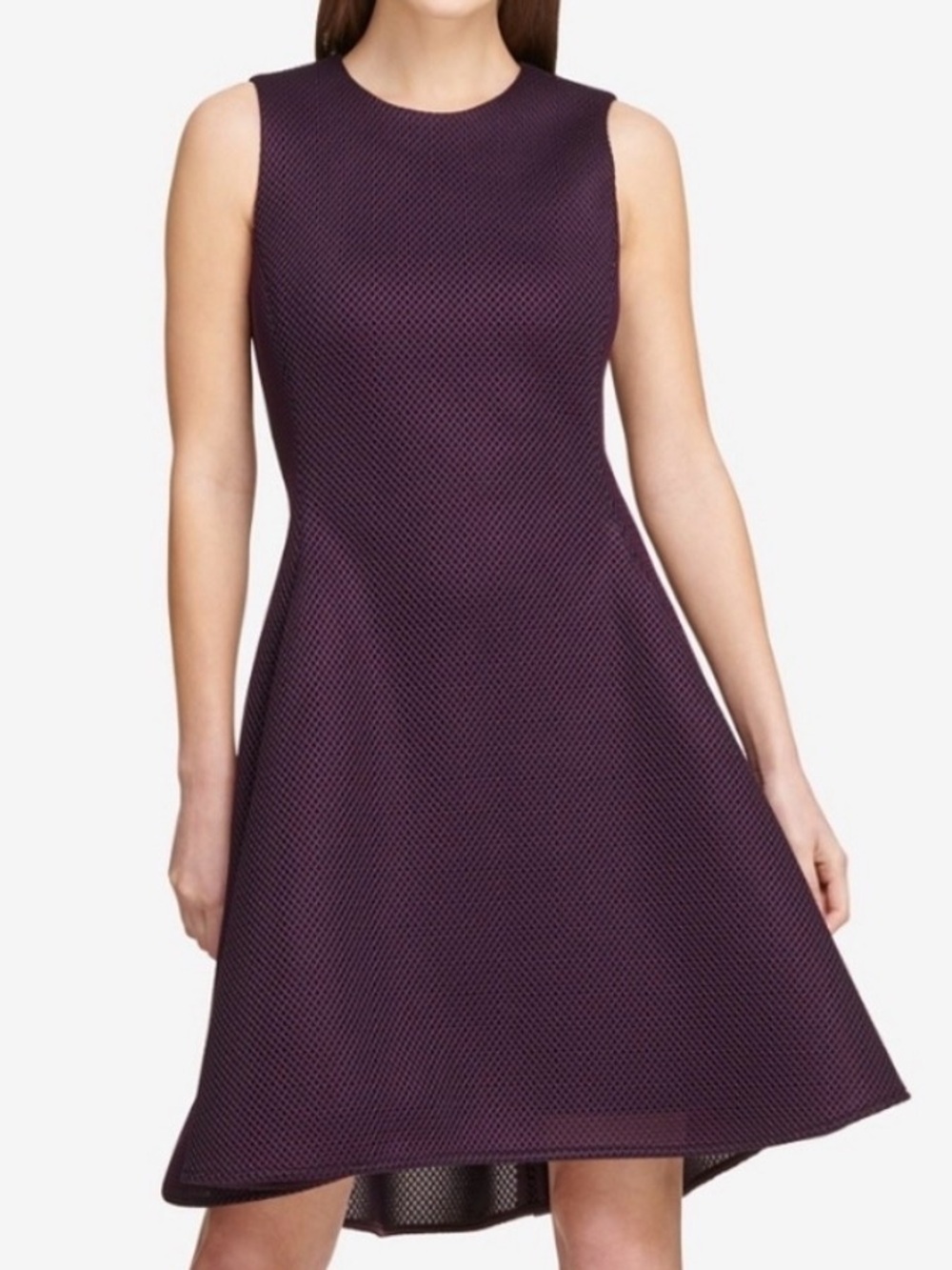 DKNY Sleeveless Textured Fit-and-Flare Dress in Plum with POCKETS!